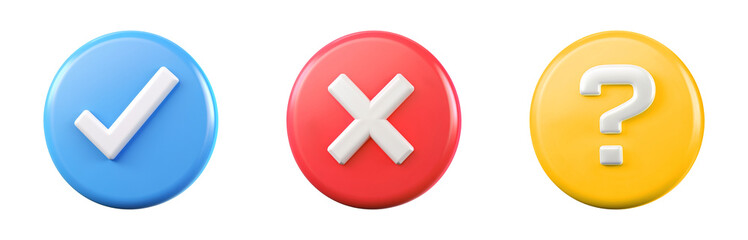 Obraz premium 3D blue check mark, red X, yellow question mark icon symbol transparent PNG set bundle, isolated background. Accept, success, error, failure, uncertain, info buttons