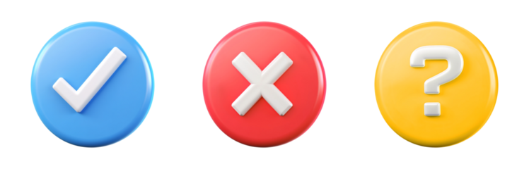 3D blue check mark, red X, yellow question mark icon symbol transparent PNG set bundle, isolated background. Accept, success, error, failure, uncertain, info buttons