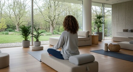 Woman meditating in a bright studio with a view of a lush green garden outside