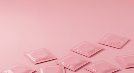 Colorful pink condom wrappers, pastel pink background, copy space. Safe sex protection contraceptive, fun vibrant wallpaper backdrop, STD prevention, Valentines Day gift