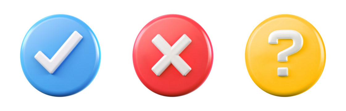 3D blue check mark, red X, yellow question mark icon symbol transparent PNG set bundle, isolated background. Accept, success, error, failure, uncertain, info buttons