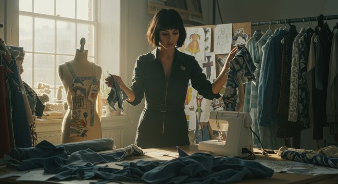 Young woman fashion designer working at her studio with sewing machine and clothes - Powered by Adobe