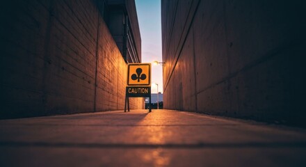 A narrow concrete corridor, illuminated by a central light and a caution sign