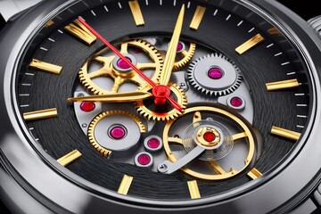 Fototapeta premium Wristwatch mechanism showcasing gold gears and red jewels moving