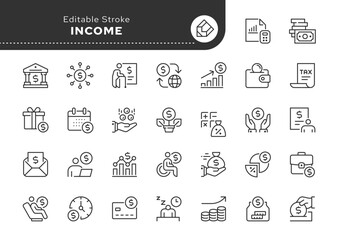 Income line icon set. Money, salary, payment, wages, pension, bonus, earnings, dividends, tax, accounting and more. Outline icon in linear style. Vector collection.	