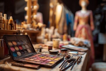 Makeup Vanity Table with Colorful Cosmetics and Mannequin