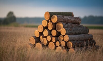 A neatly stacked pile of freshly cut logs in a golden field at dusk, with a blurred backdrop