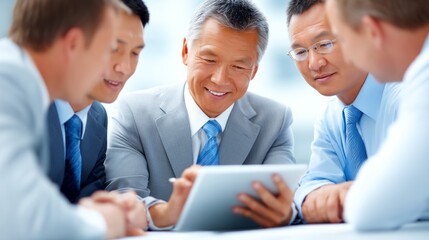 Business professionals collaborating on a project while reviewing data on a tablet in a modern office setting