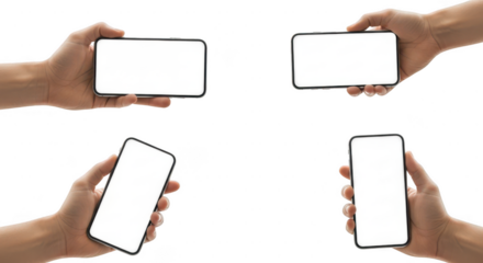 Four hands holding smartphones in different orientations isolated on transparent background