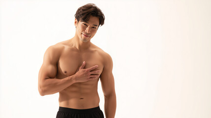 A photo of a muscular male model's upper body with beautifully hair-free skin