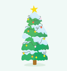 Festive Christmas Tree Decorated with Lights and Snow