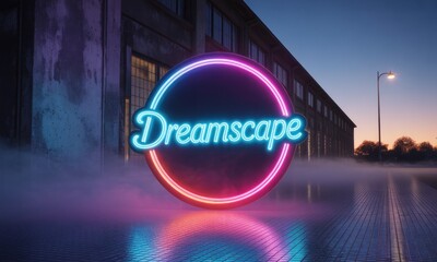 A neon sign in a circle with "Dreamscape" over a hazy, dusk city scene