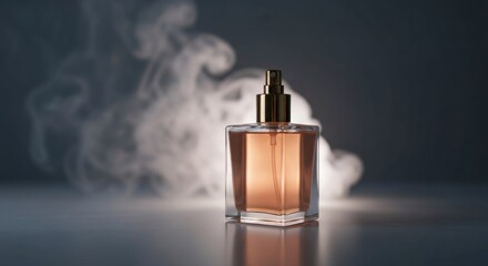 A perfume bottle, lit dramatically against a backdrop of smoky haze