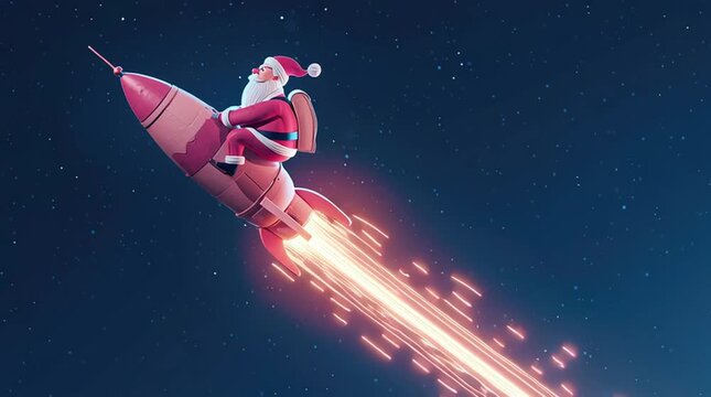 Santa Claus flying on rocket in night sky