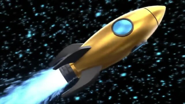 Bitcoin rocket launching into space, symbolizing a massive price rally. 3D animation.