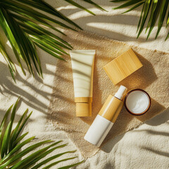 A bottle of lotion sits on a table next to two other bottles. The table is covered in sand and palm leaves