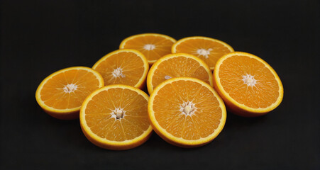 Sliced oranges arranged on a dark background in a vibrant display  