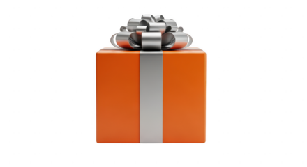 Orange gift box with silver ribbon and bow isolated on transparent background