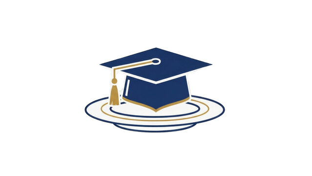 A blue graduation cap with a gold tassel resting on a white plate with a gold rim, symbolizing education and achievement in a culinary context.