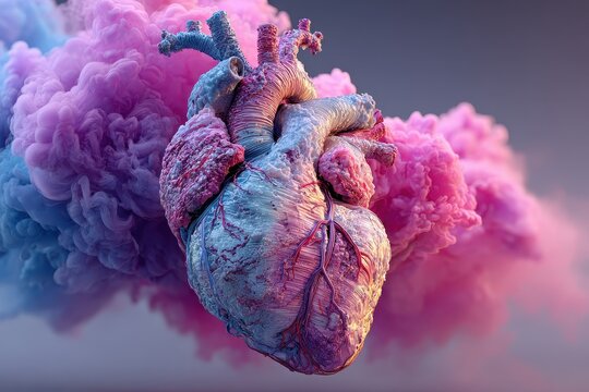 Anatomical heart floats amidst pink and blue vapor, artistic conceptual representation of the vital organ in a colorful dreamy setting