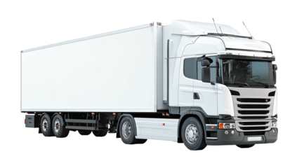 White, streamlined semi-truck isolated on black; modern design with large trailer