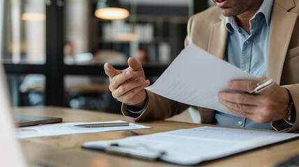 Businessman reviewing contract papers on desk