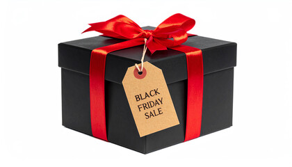 A stylish black gift box adorned with a red ribbon and a tag marking a Black Friday sale, perfect for holiday shopping.