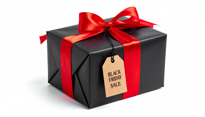 Black Friday sale gift box with a stylish ribbon and a tag ready for the festive shopping season.