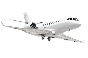 Sleek, all-white private aircraft, showcasing elegant design and aerodynamic form. It's isolated against black
