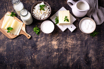 Dairy products. Milk, cottage cheese, cream, butter and yogurt