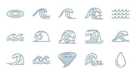 A collection of blue line art icons depicting various water phenomena like waves, ripples, and a whirlpool.