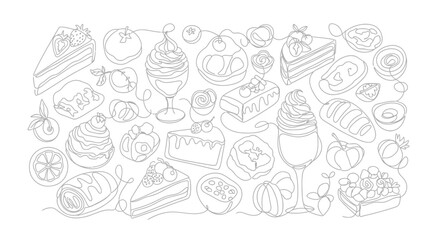 Continuous line art drawing of a variety of delicious desserts and sweet pastries, including cakes, ice cream, and puddings, on a white background.