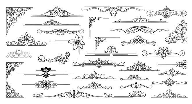A collection of ornate black and white decorative flourishes and dividers, including corner elements and floral motifs.