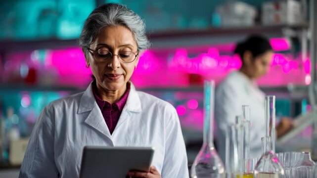 Senior female scientist in a lab coat and glasses using a digital tablet in a vibrant laboratory with pink and blue neon lights. Concept for scientific research and modern technology.
