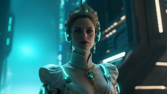 Futuristic Queen Amidst Neon Metropolis: A regal figure embodying technological advancement and