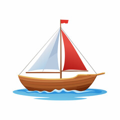 Illustration of a wooden sailboat with red accents sailing on blue water