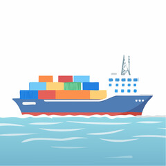 Container ship loaded with colorful cargo sailing on blue ocean waters, representing global logistics and maritime transport