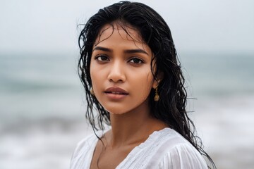 Indian woman with wet hair on ocean beach