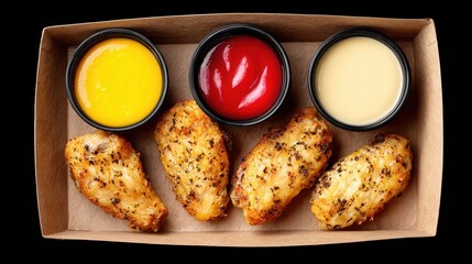 Crispy chicken wings with trio of sauces arranged in box