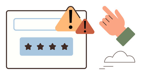 Warning triangles with exclamation marks over a rating interface and hand gesture pointing to highlight error or caution. Ideal for user interface, feedback, web design, ratings, online forms