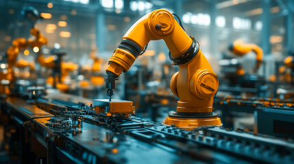 Fototapeta premium An orange industrial robotic arm working on a production line.