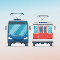 Modern blue trolleybus and vintage red tram representing urban electric public transport vehicles