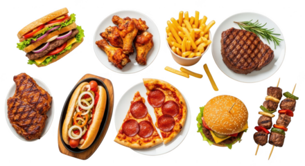 Assortment of delicious fast food items isolated on transparent background