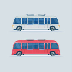 Stylish flat design vector illustration of two contemporary transit buses, one red and one white, for modern transport themes