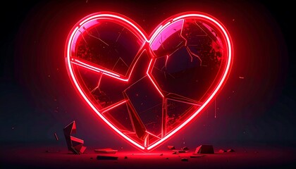 A glowing, cracked heart silhouette against a dark background.  Neon red outline highlights the fractured form.  Shattered pieces of the heart rest around the base