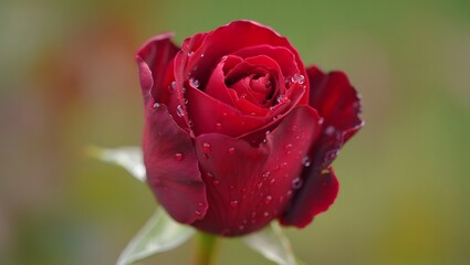 Close up of a single red rose bud with water droplets