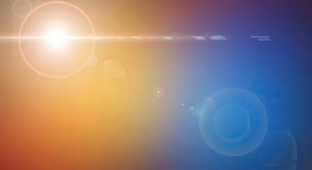 Abstract background with a bright, energetic light source and prominent lens flare, casting a warm glow across a gradient of orange, yellow, and blue, conveying an optimistic and modern feel.