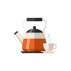 A vibrant kettle and steaming cup on a saucer, showcasing a cozy tea moment at home