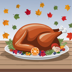 Thanksgiving Feast A Roasted Turkey with Autumnal Decor on a Wooden Table