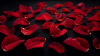 Scattered deep red rose petals on a dark background